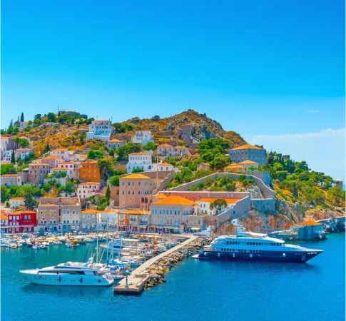 coastal village with boats docked nearby